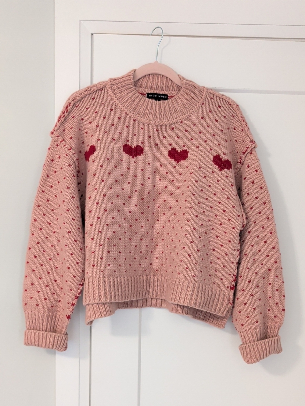 Miou muse Pink Heart Knit Crewneck Sweater
